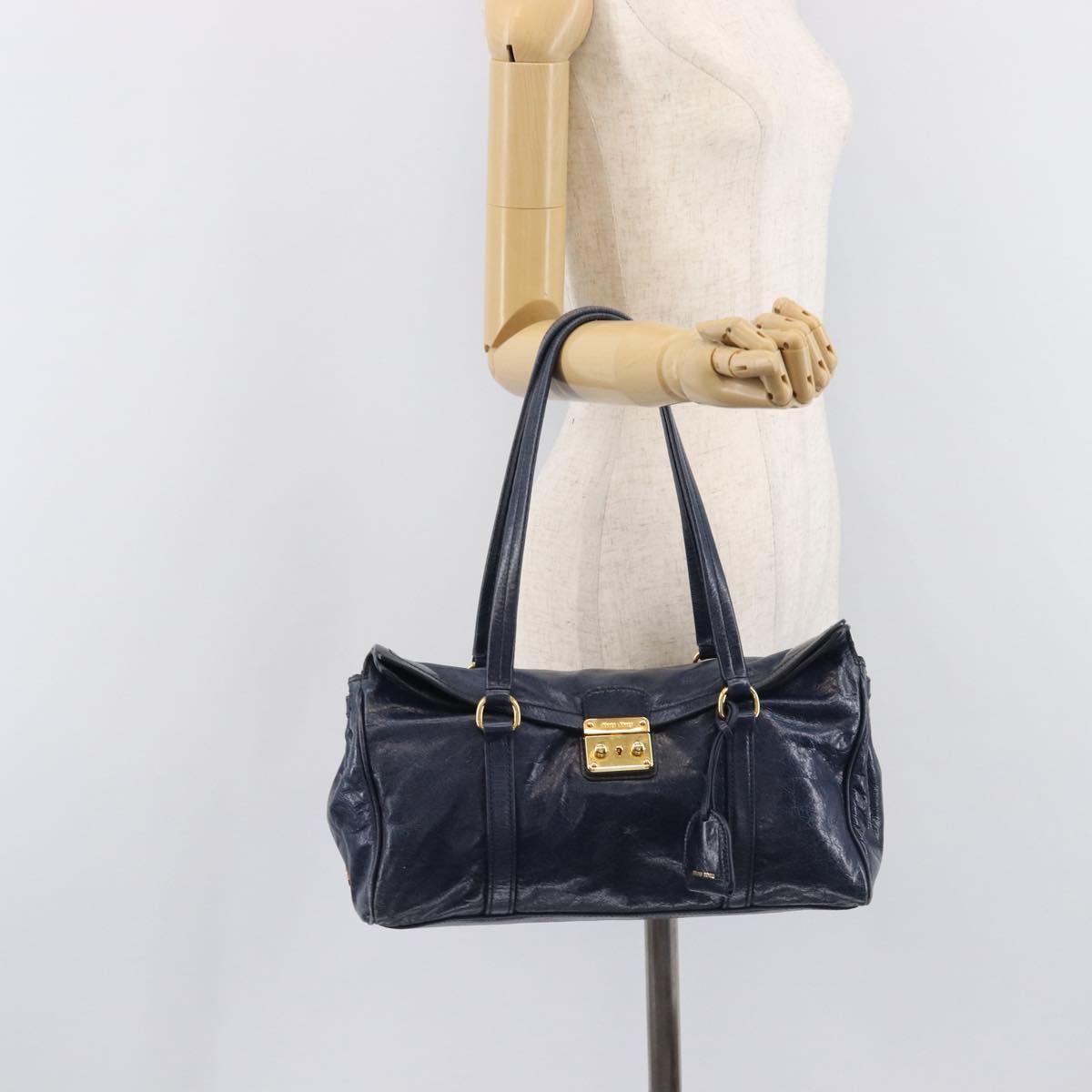 Miu Miu Lady Rock Shoulder Hand Bag Leather Navy Gold Tone Auth am13046V