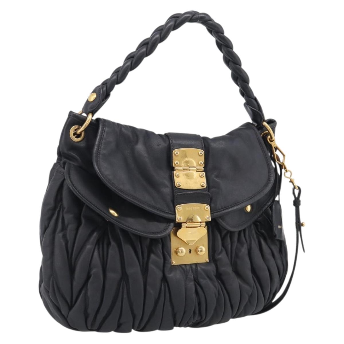 Miu Miu Matelasse Lady Rock Hand Bag Leather Black Gold Tone Auth am13047V