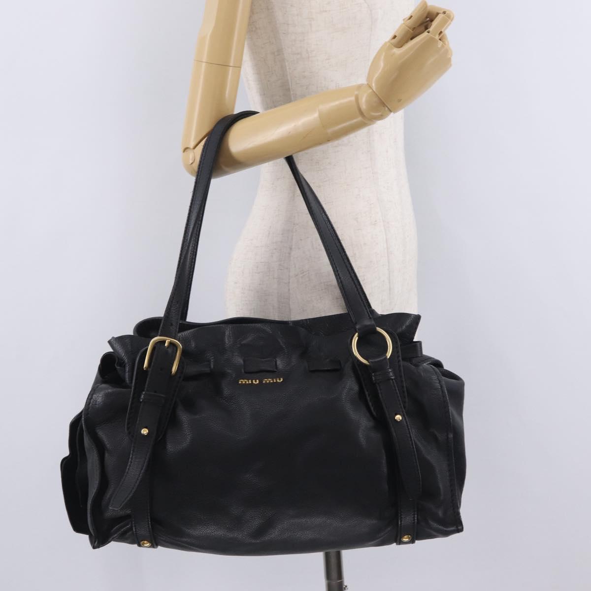 Miu Miu Side Ribbon Shoulder Bag Leather Black Gold Tone Auth am13050V