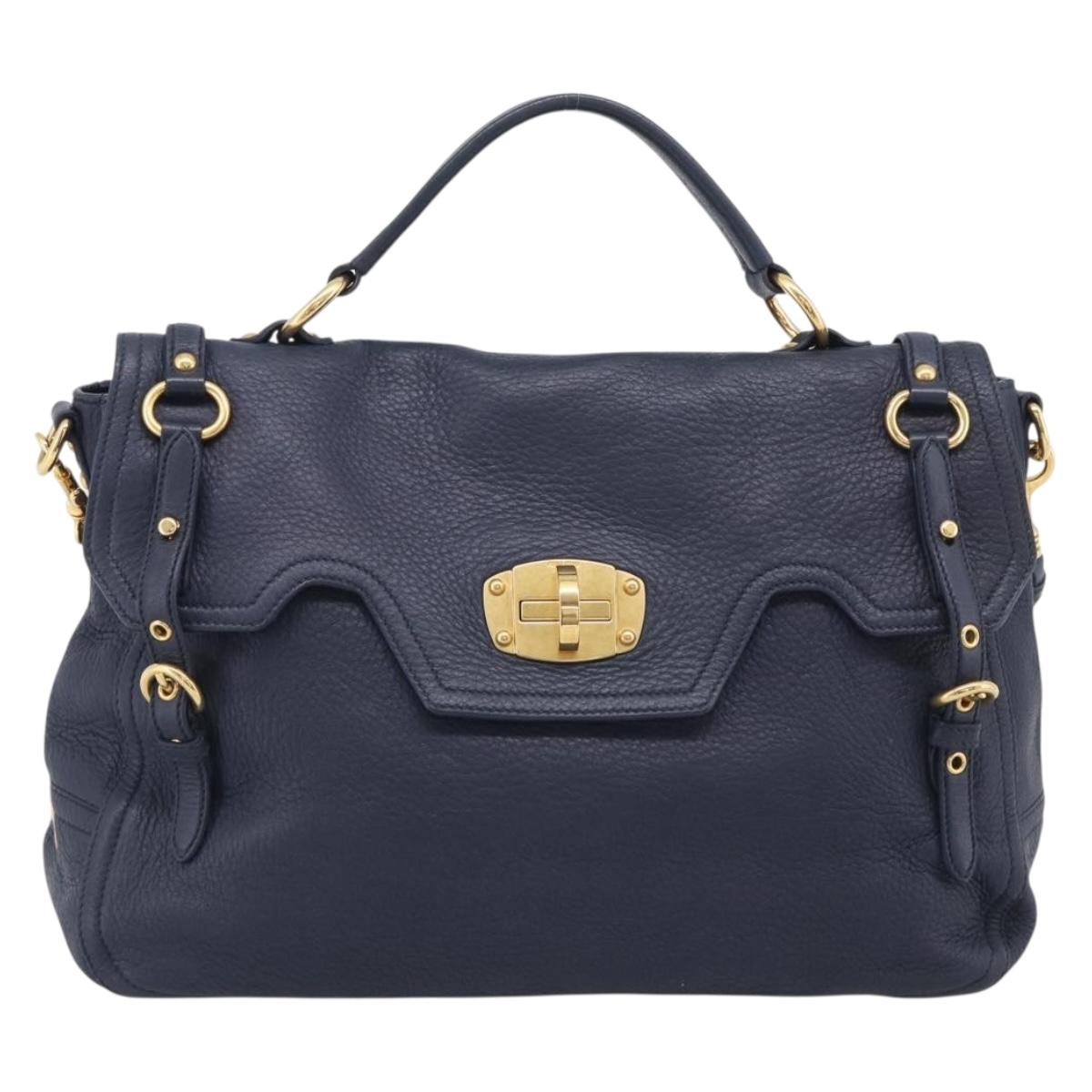 Miu Miu Turn Lock Hand Bag Leather Navy Gold Tone Auth am13056V