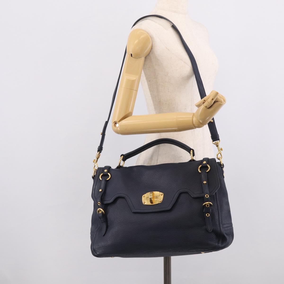 Miu Miu Turn Lock Hand Bag Leather Navy Gold Tone Auth am13056V