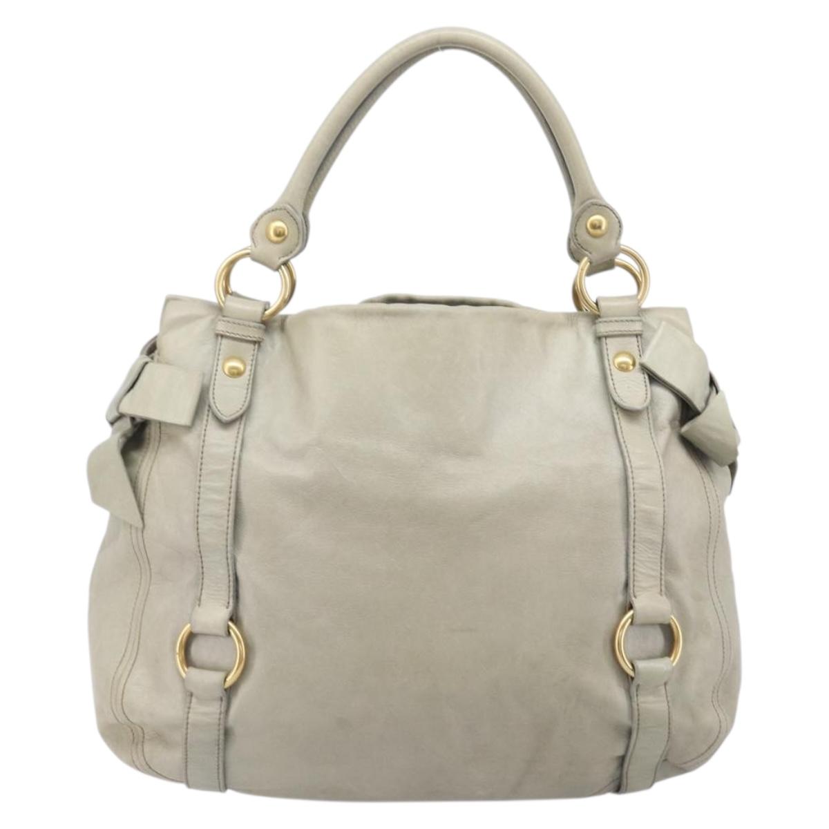 Miu Miu Vitello Lux Side Ribbon Hand Bag Leather Greige Gold Tone Auth am13057A