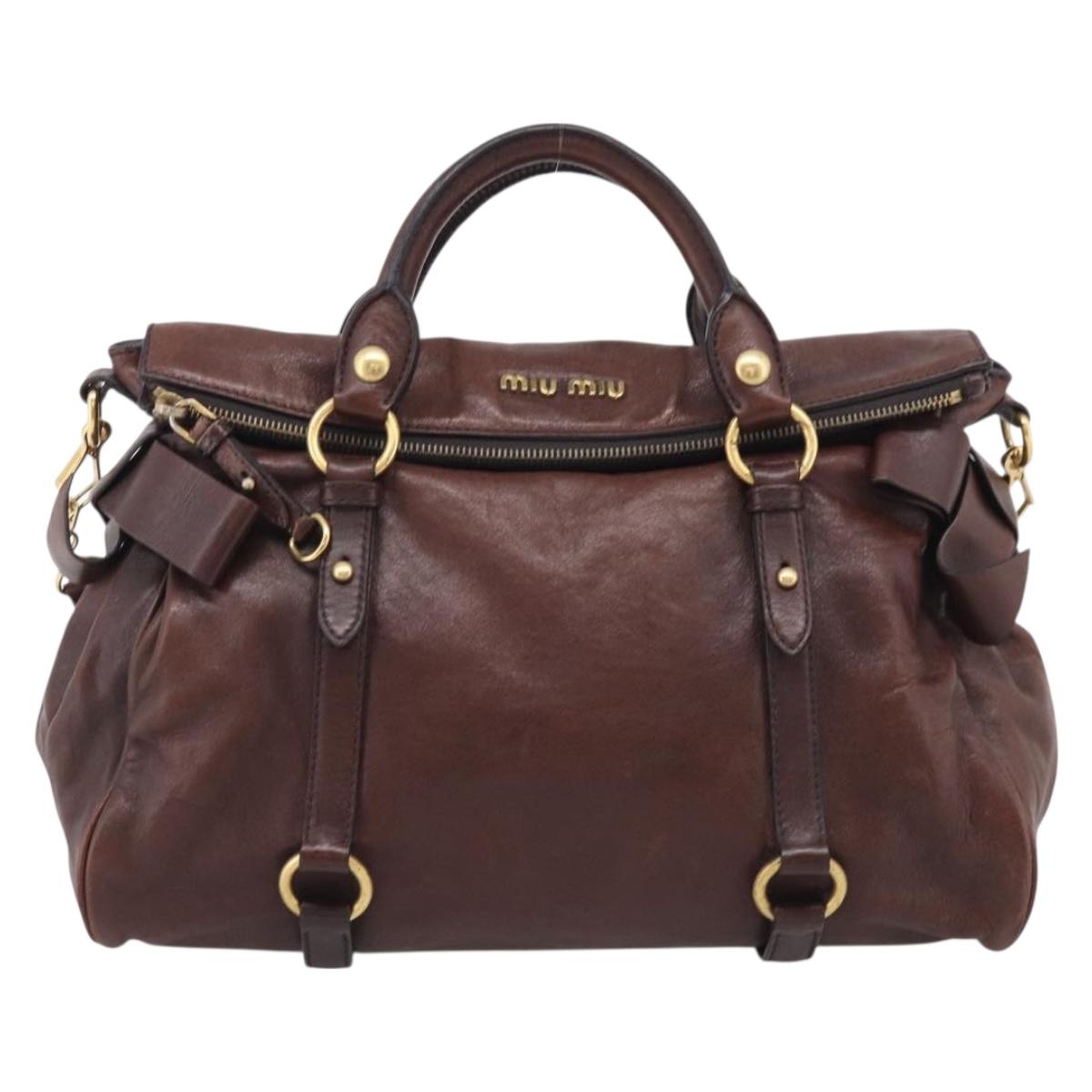 Miu Miu Side Ribbon Hand Bag Leather Brown Gold Tone Auth am13063A