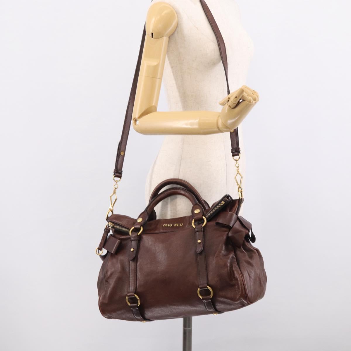 Miu Miu Side Ribbon Hand Bag Leather Brown Gold Tone Auth am13063A