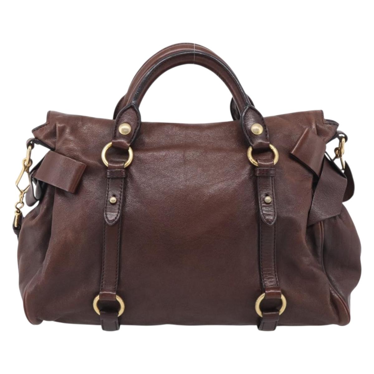 Miu Miu Side Ribbon Hand Bag Leather Brown Gold Tone Auth am13063A
