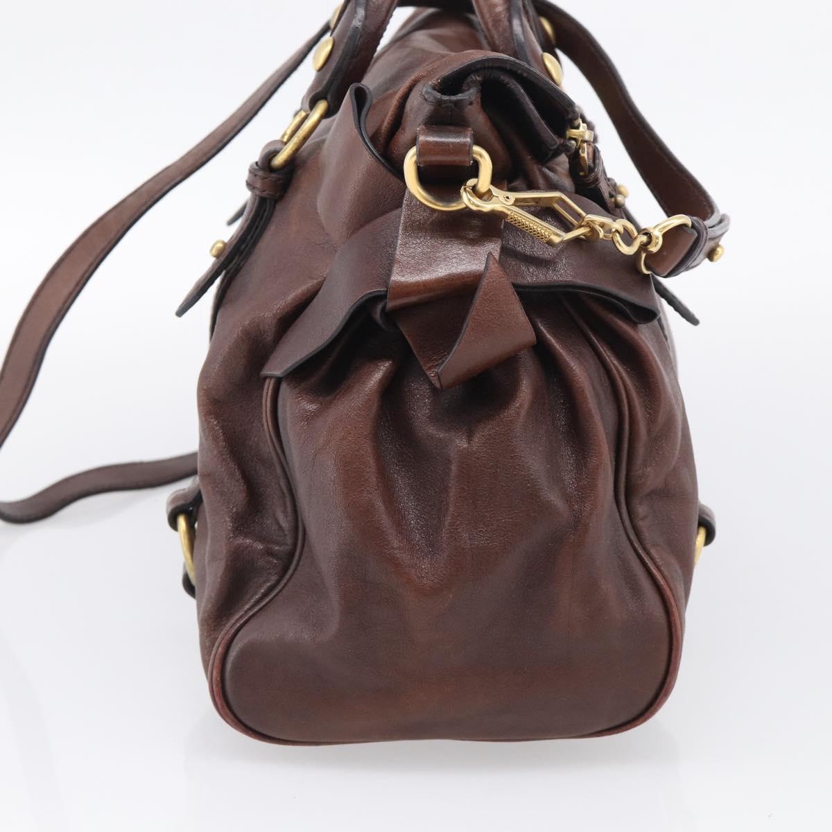 Miu Miu Side Ribbon Hand Bag Leather Brown Gold Tone Auth am13063A