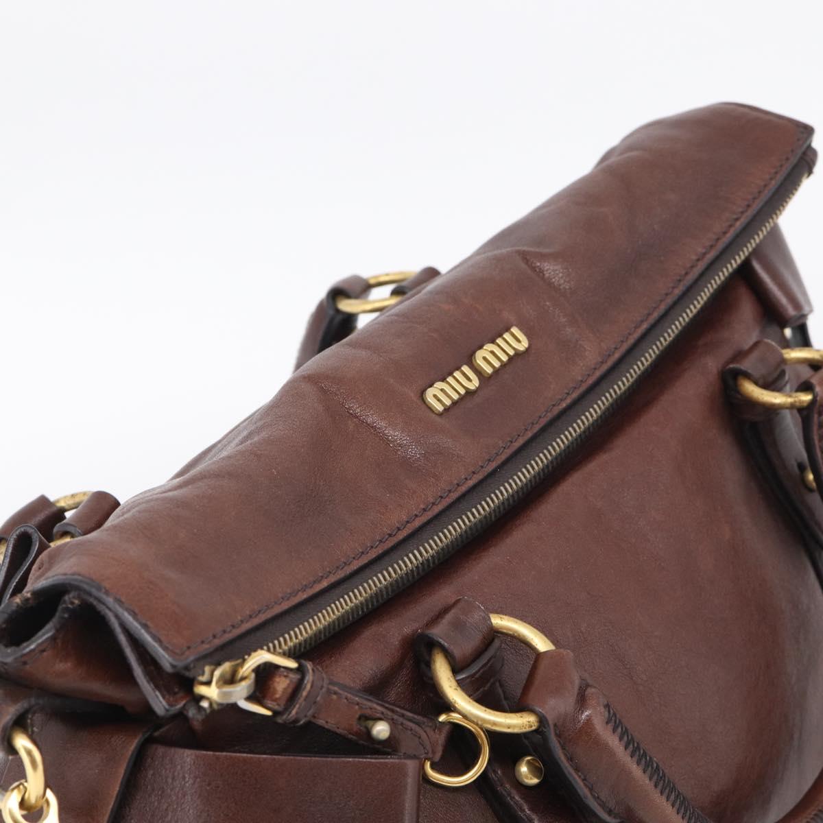 Miu Miu Side Ribbon Hand Bag Leather Brown Gold Tone Auth am13063A