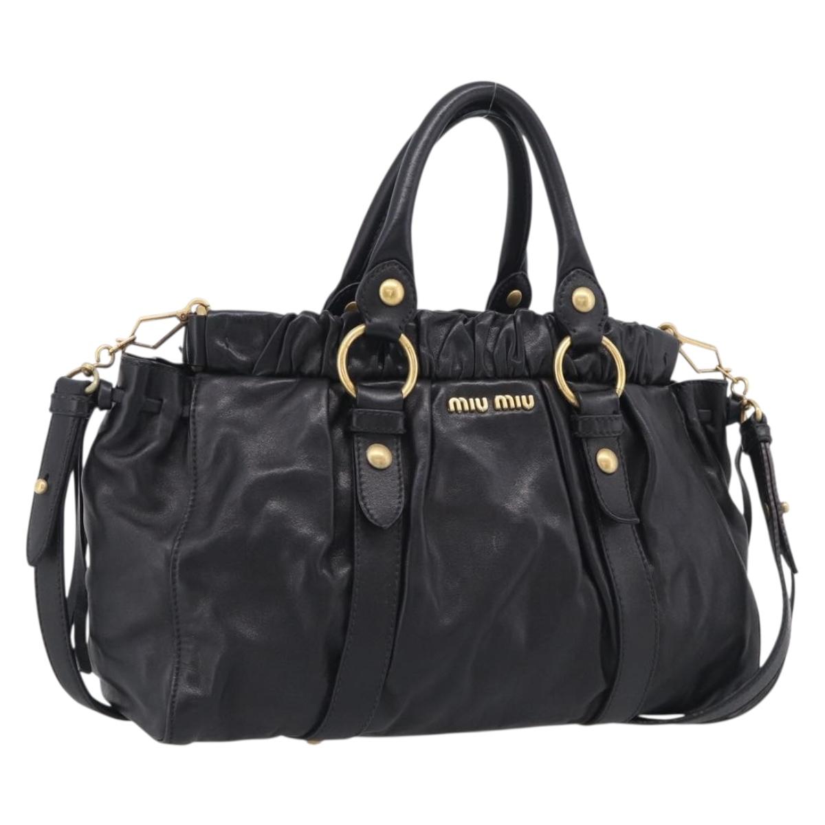 Miu Miu Side Ribbon Hand Bag Leather Black Gold Tone RT0383 Auth am13065V
