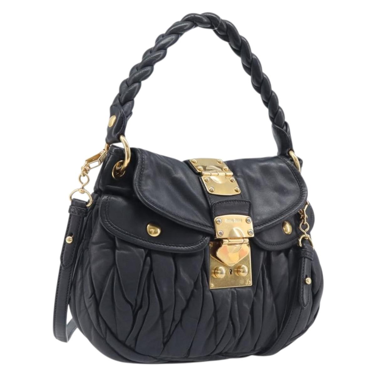 Miu Miu Matelasse Lady Rock Hand Bag Leather Black Gold Tone Auth am13066V