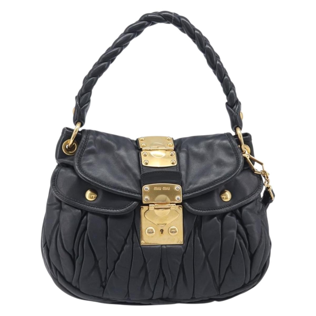 Miu Miu Matelasse Lady Rock Hand Bag Leather Black Gold Tone Auth am13066V