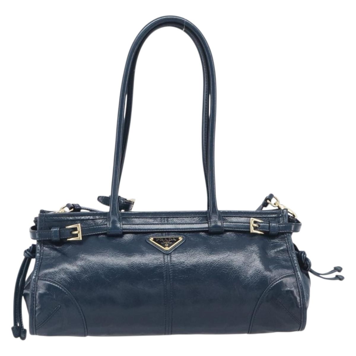 PRADA Bonnie Medium Shoulder Bag Leather Navy Gold Tone 1BA426 Auth am13071SAM