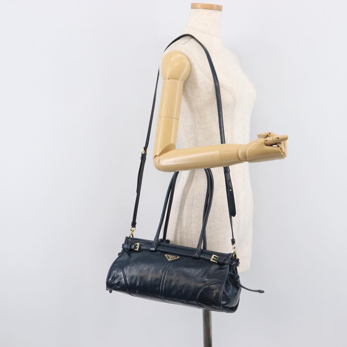 PRADA Bonnie Medium Shoulder Bag Leather Navy Gold Tone 1BA426 Auth am13071SAM