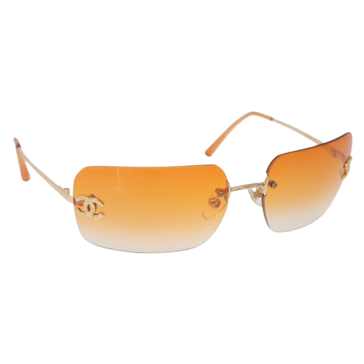 CHANEL Rhinestone COCO Mark Sunglasses Metal Orange Gold 4017 CC Auth am13072M