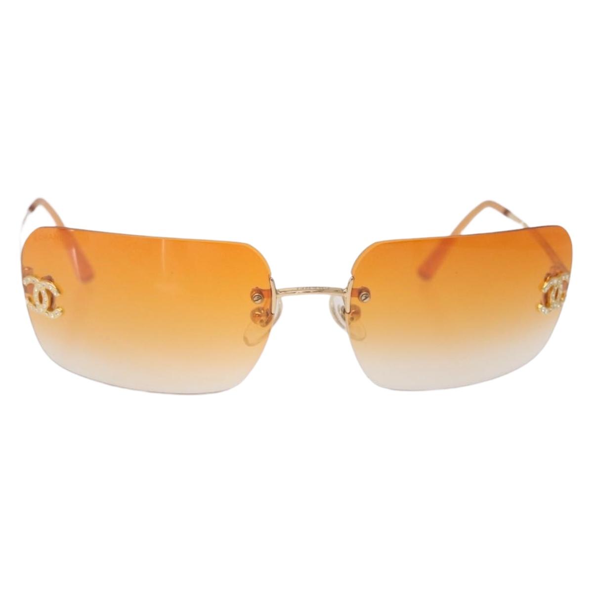CHANEL Rhinestone COCO Mark Sunglasses Metal Orange Gold 4017 CC Auth am13072M