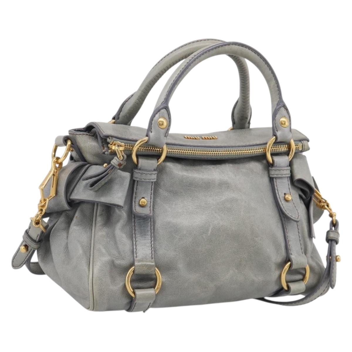 Miu Miu Vitello Lux Side Ribbon Hand Bag Leather Gray Gold Tone Auth am13074V
