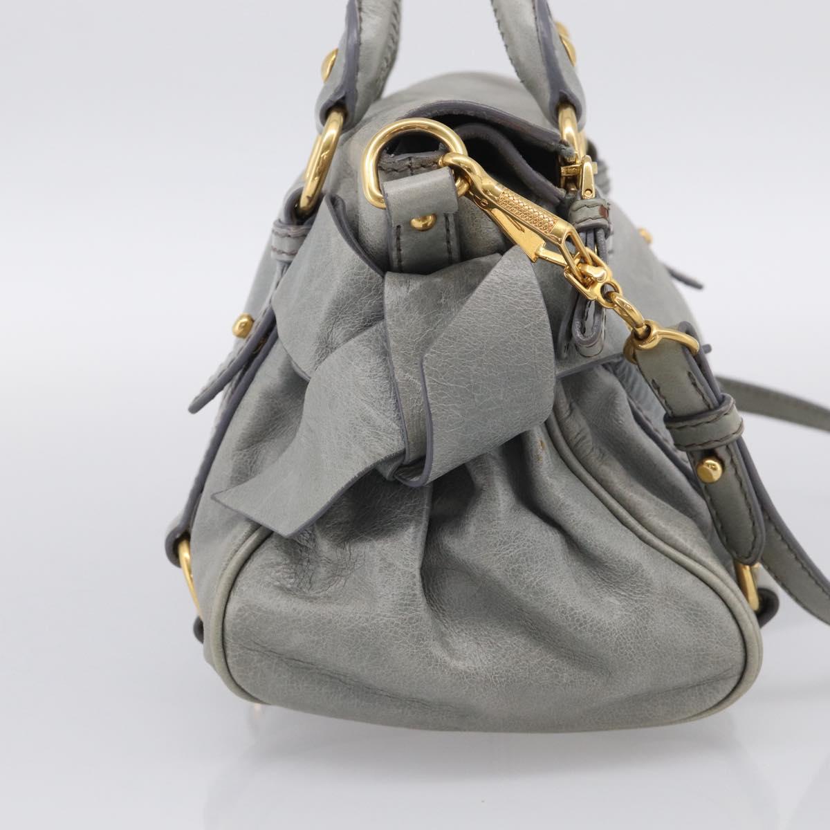 Miu Miu Vitello Lux Side Ribbon Hand Bag Leather Gray Gold Tone Auth am13074V