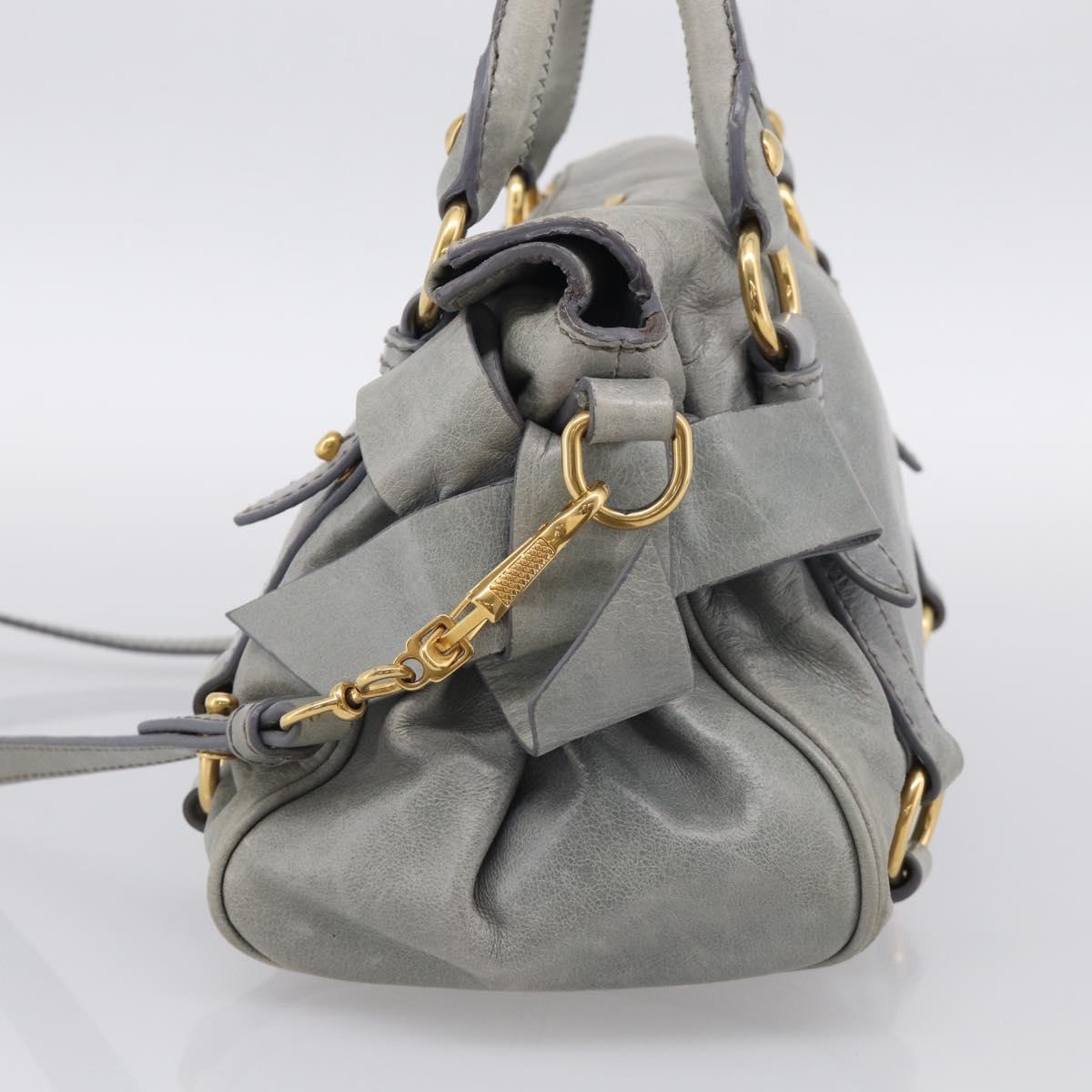 Miu Miu Vitello Lux Side Ribbon Hand Bag Leather Gray Gold Tone Auth am13074V