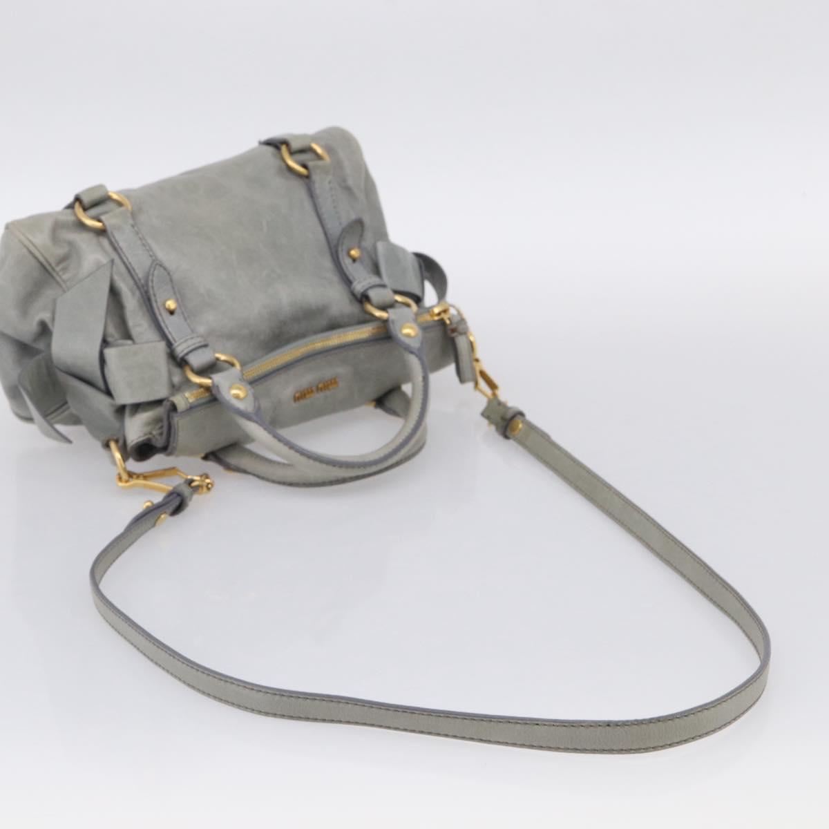 Miu Miu Vitello Lux Side Ribbon Hand Bag Leather Gray Gold Tone Auth am13074V