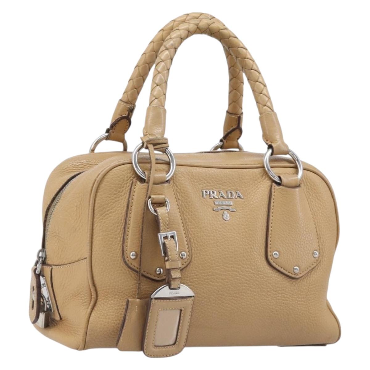 PRADA Bowler Bag Stand Bag Hand Bag Leather Beige Silver Auth am13082A