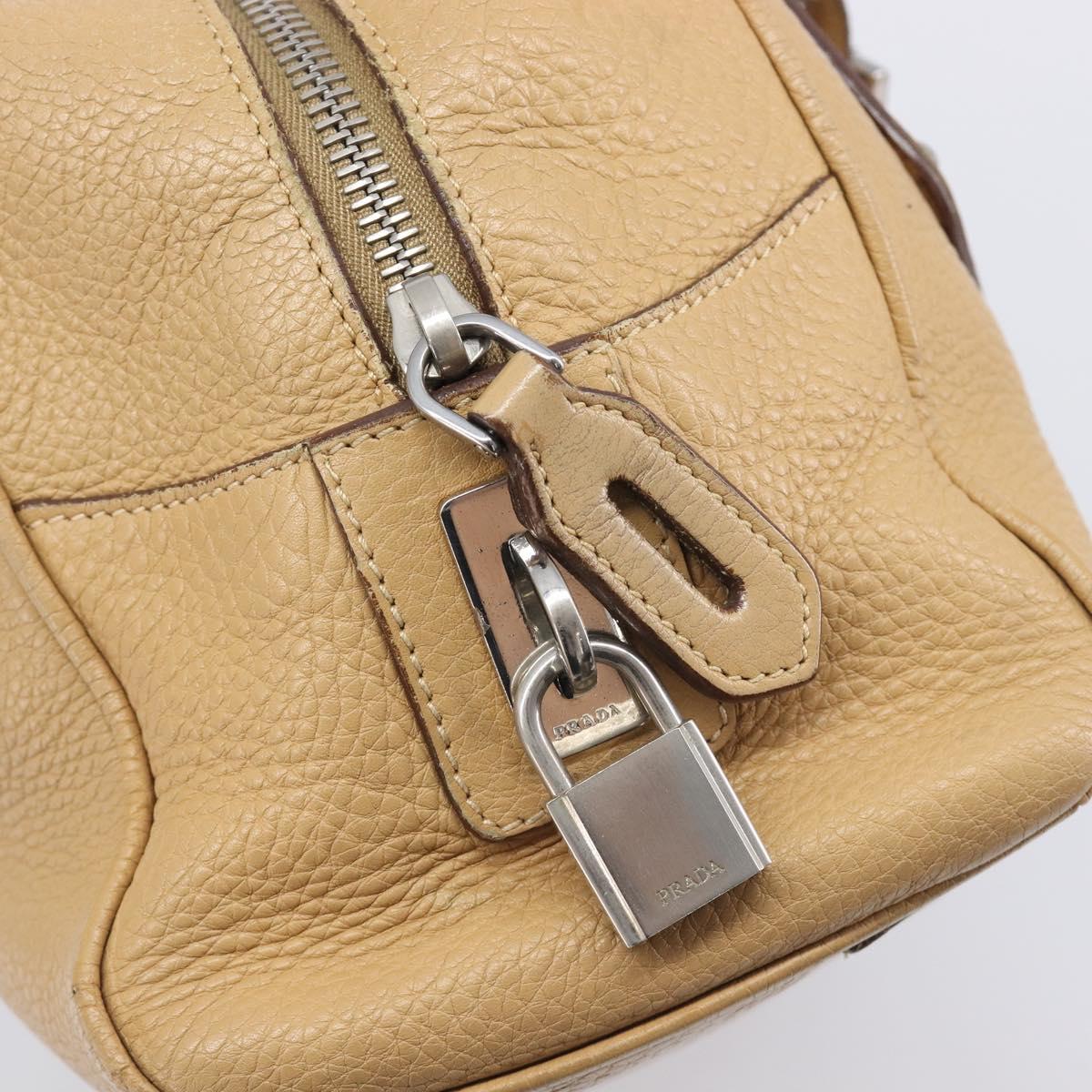 PRADA Bowler Bag Stand Bag Hand Bag Leather Beige Silver Auth am13082A