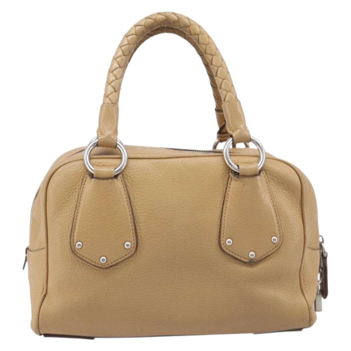 PRADA Bowler Bag Stand Bag Hand Bag Leather Beige Silver Auth am13082A