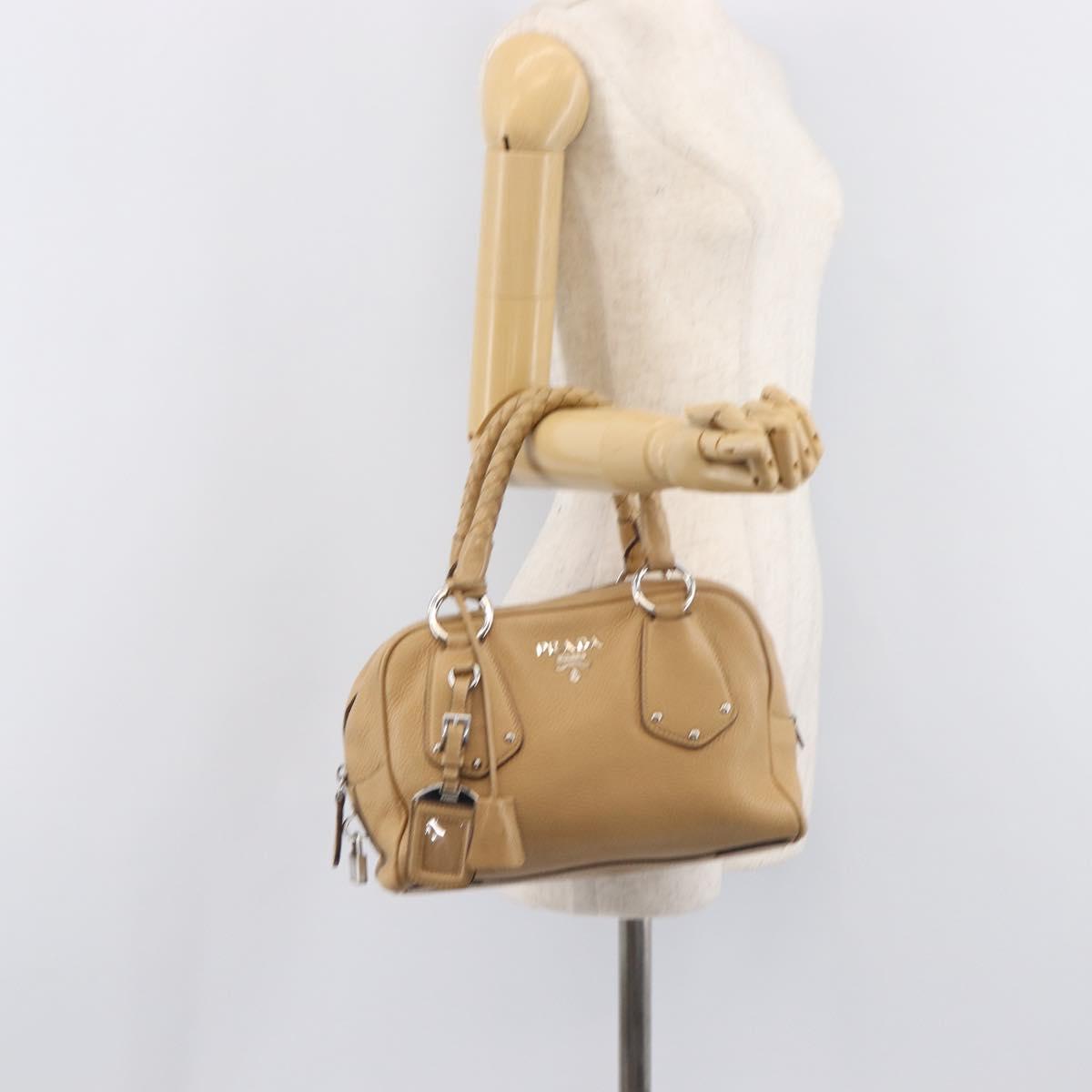 PRADA Bowler Bag Stand Bag Hand Bag Leather Beige Silver Auth am13082A
