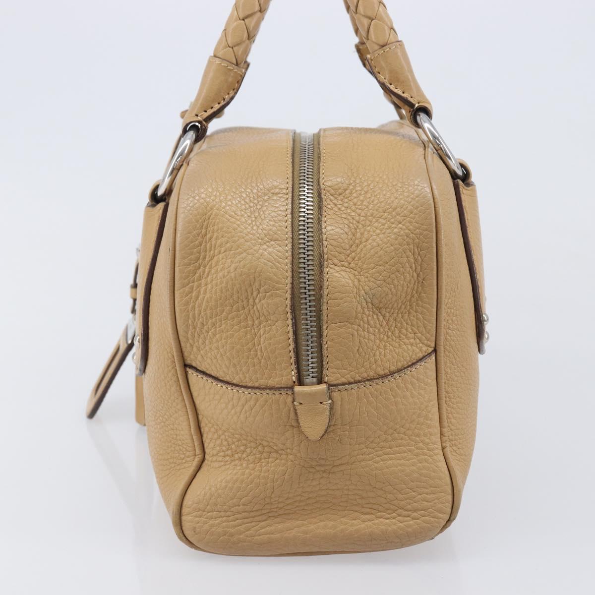 PRADA Bowler Bag Stand Bag Hand Bag Leather Beige Silver Auth am13082A