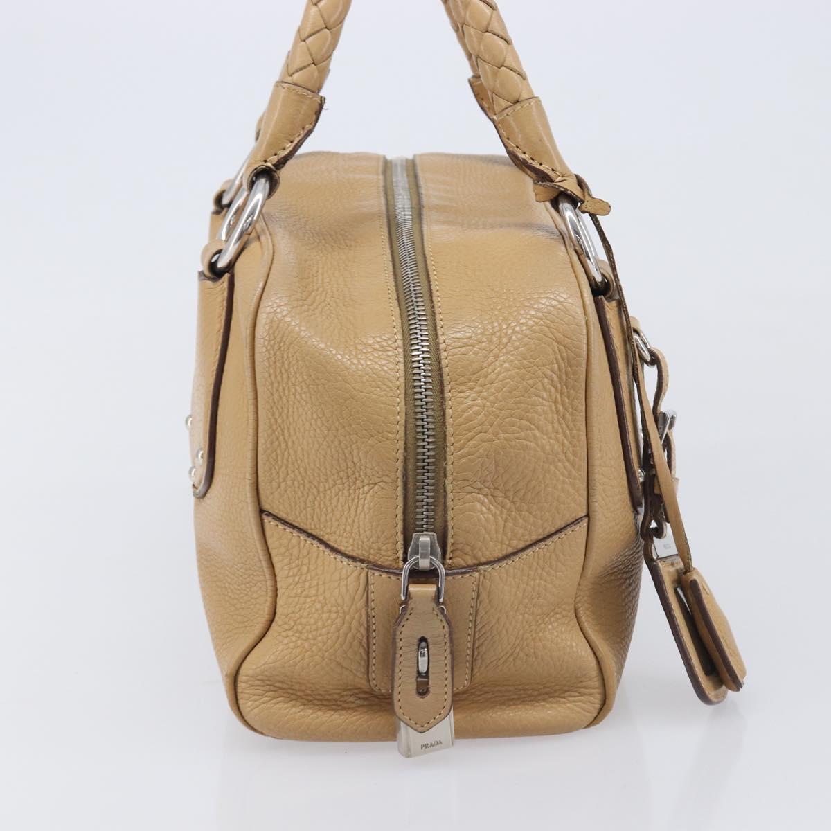 PRADA Bowler Bag Stand Bag Hand Bag Leather Beige Silver Auth am13082A
