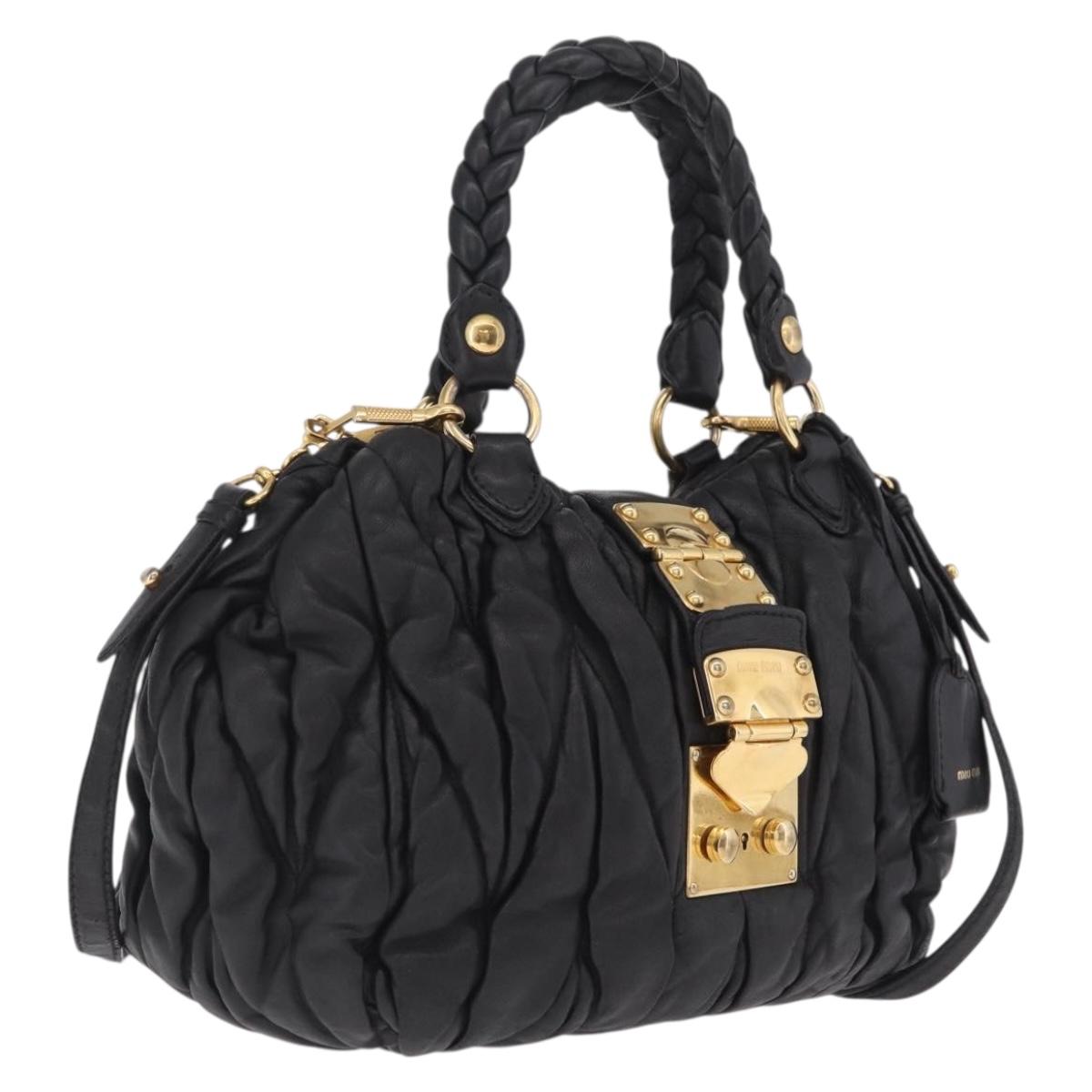 Miu Miu Matelasse Lady Rock Hand Bag Leather Black Gold Tone Auth am13088V