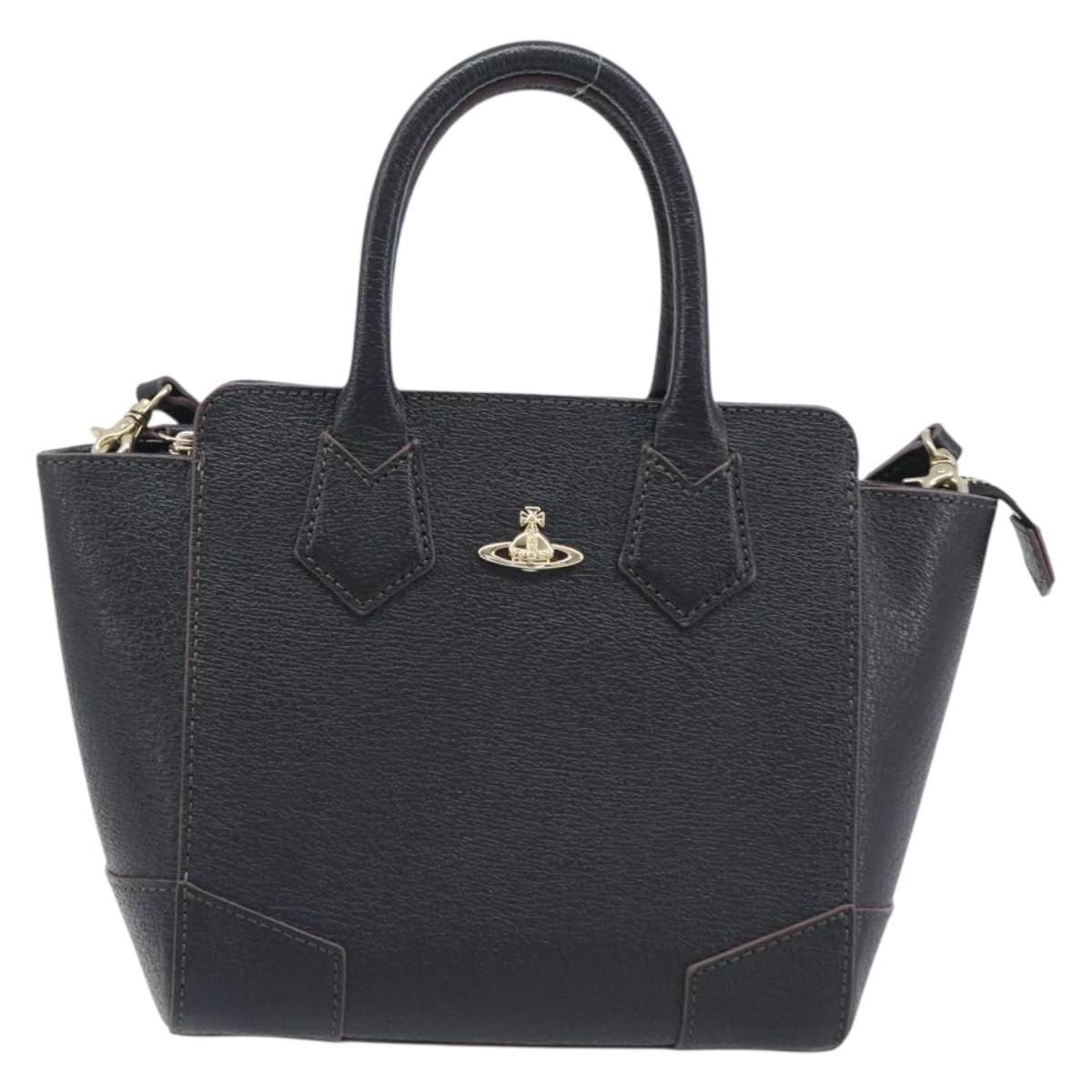 Vivienne Westwood Hand Bag Leather Black Gold Tone Auth am13092V