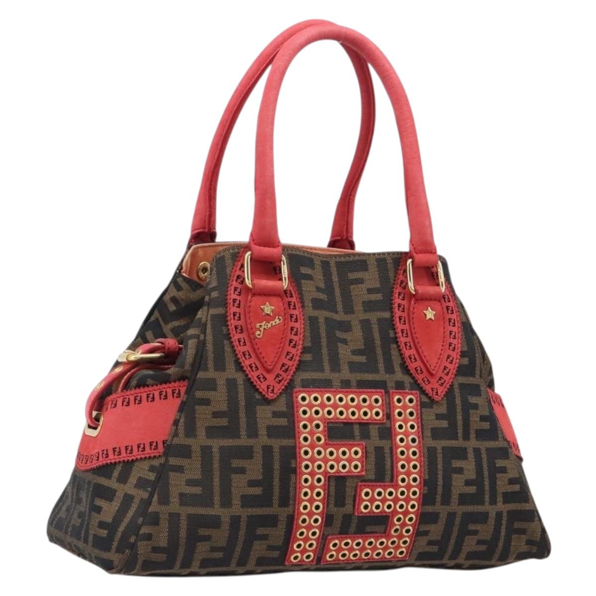 FENDI Zucca Canvas Etnico Hand Bag Brown Red 8BN157 Auth am13102V