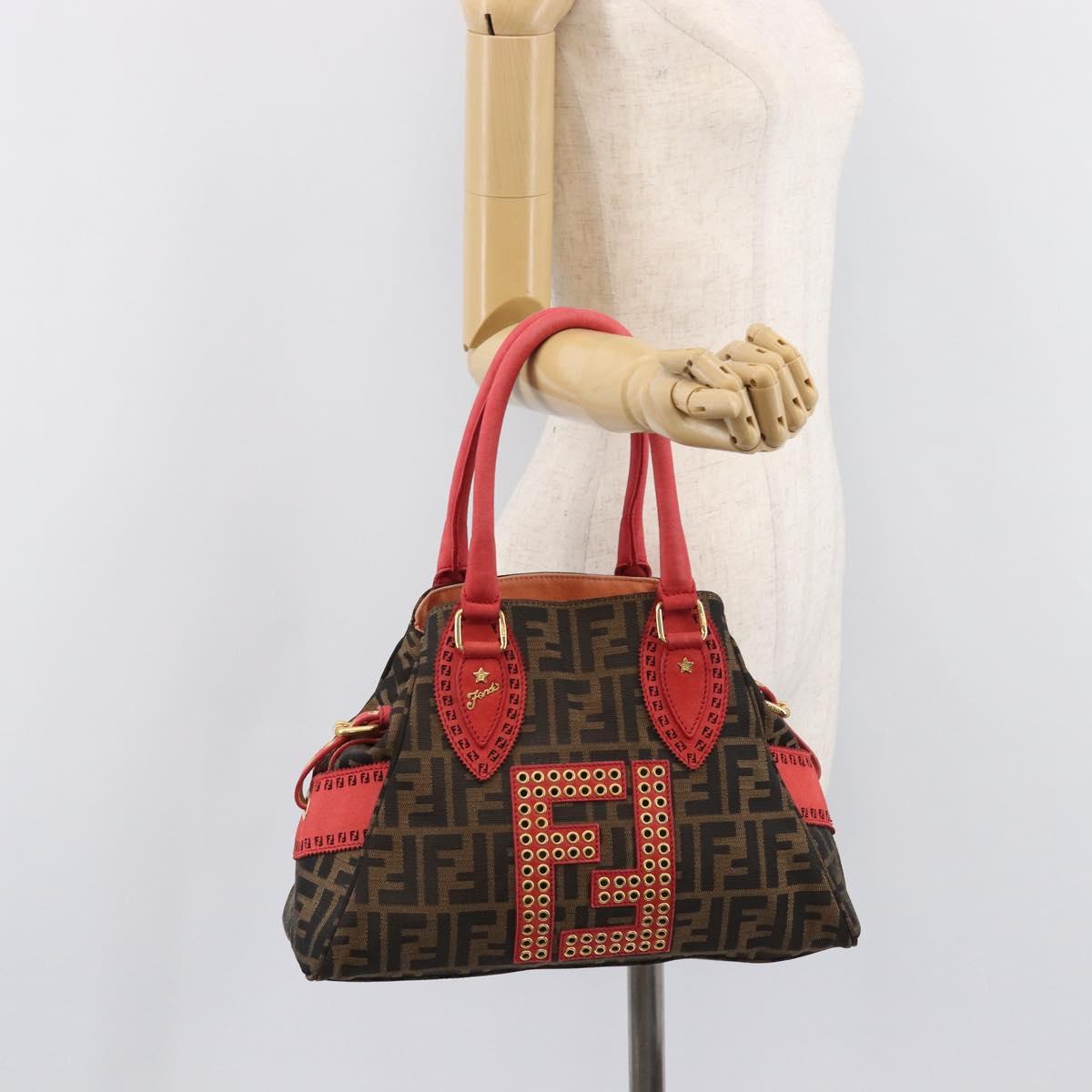 FENDI Zucca Canvas Etnico Hand Bag Brown Red 8BN157 Auth am13102V