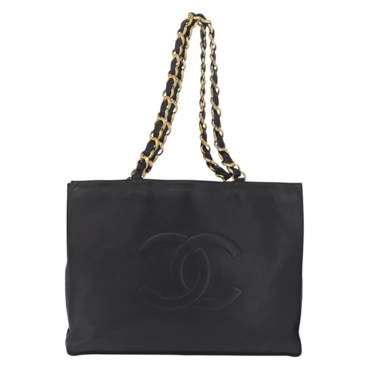 CHANEL COCO Mark Chain Tote Bag Lamb Skin Black Gold Tone CC Auth am13114V