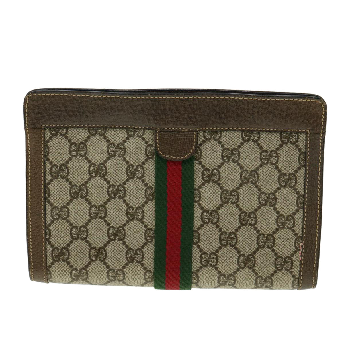 GUCCI GG Canvas Web Sherry Line Clutch Bag Beige Red Green Auth am3107