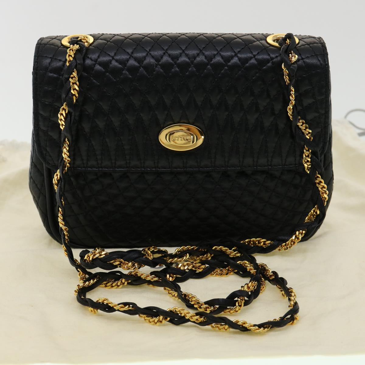 BALLY Matelasse Chain Shoulder Bag Leather Black Auth am3215