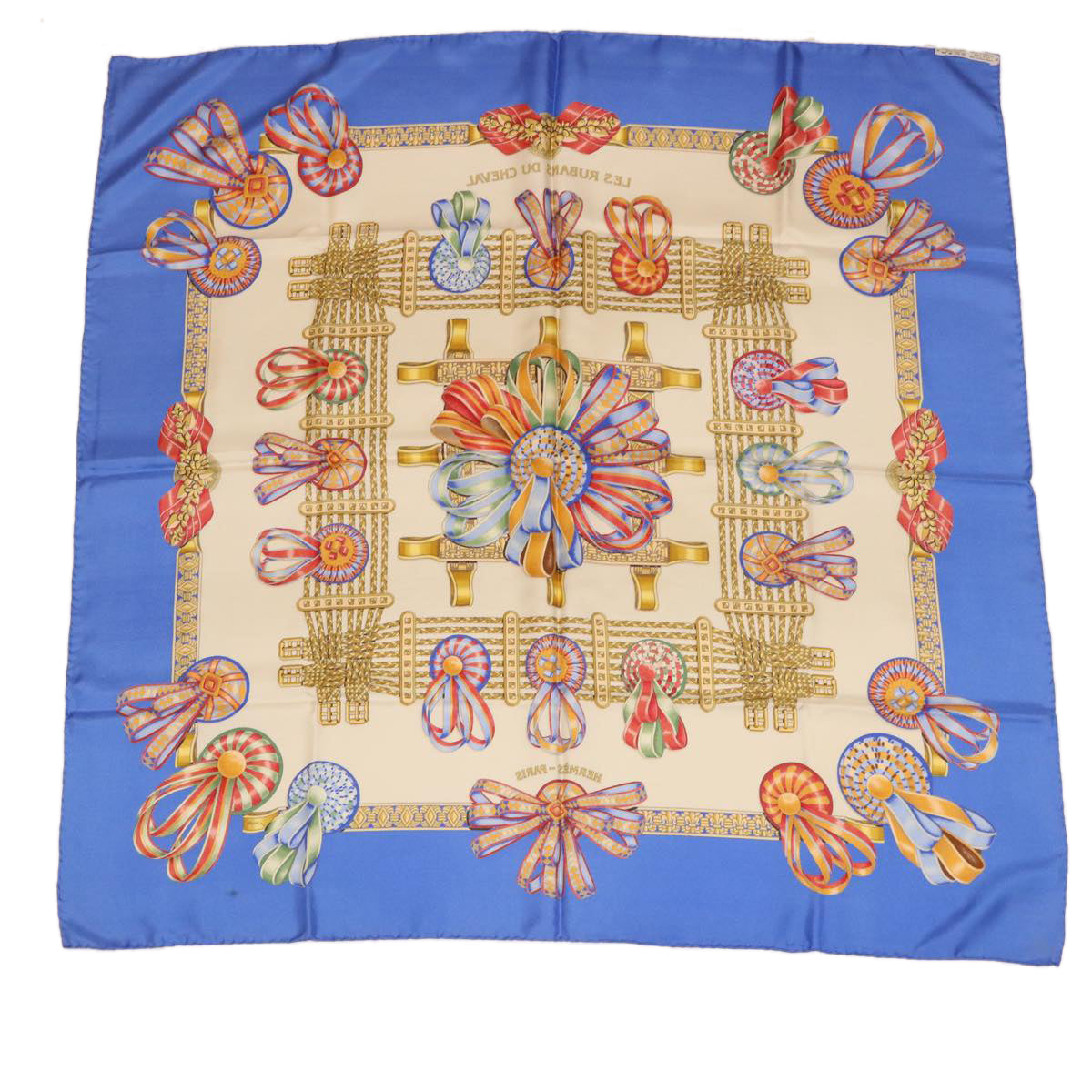 HERMES Carre 90 LES RUBANS DU CHEVAL Scarf Silk Blue Auth am3327