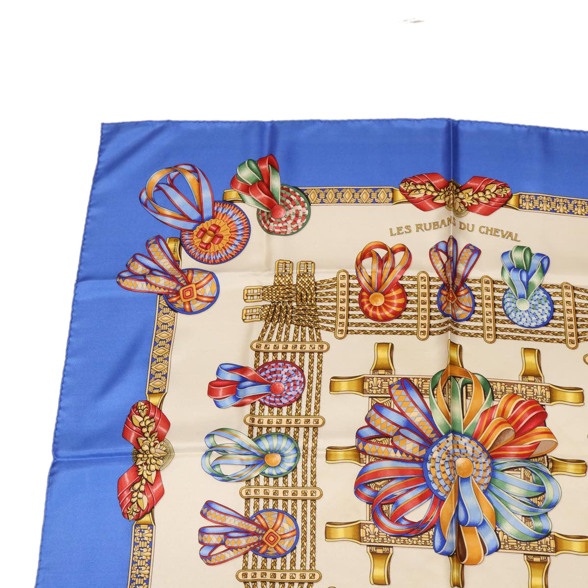 HERMES Carre 90 LES RUBANS DU CHEVAL Scarf Silk Blue Auth am3327