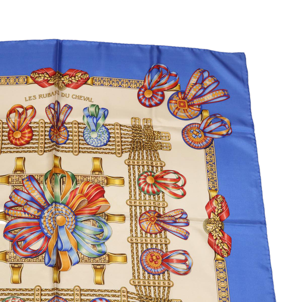 HERMES Carre 90 LES RUBANS DU CHEVAL Scarf Silk Blue Auth am3327