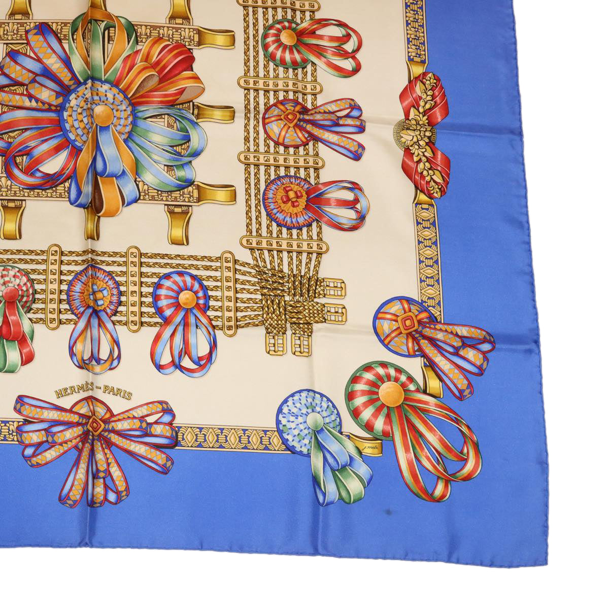 HERMES Carre 90 LES RUBANS DU CHEVAL Scarf Silk Blue Auth am3327