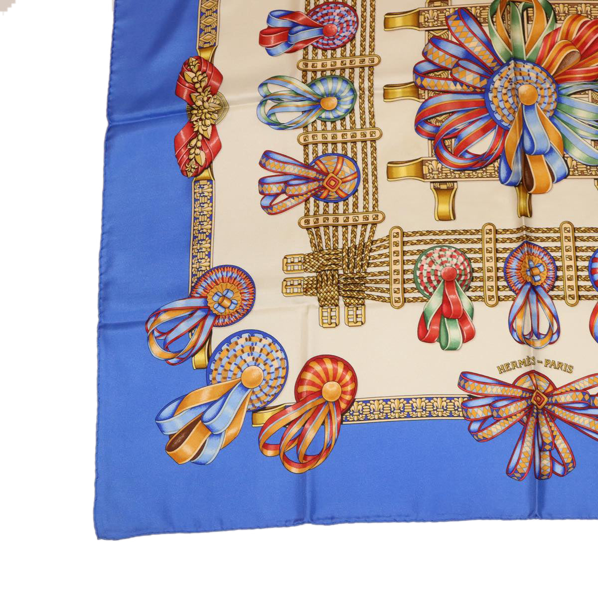 HERMES Carre 90 LES RUBANS DU CHEVAL Scarf Silk Blue Auth am3327