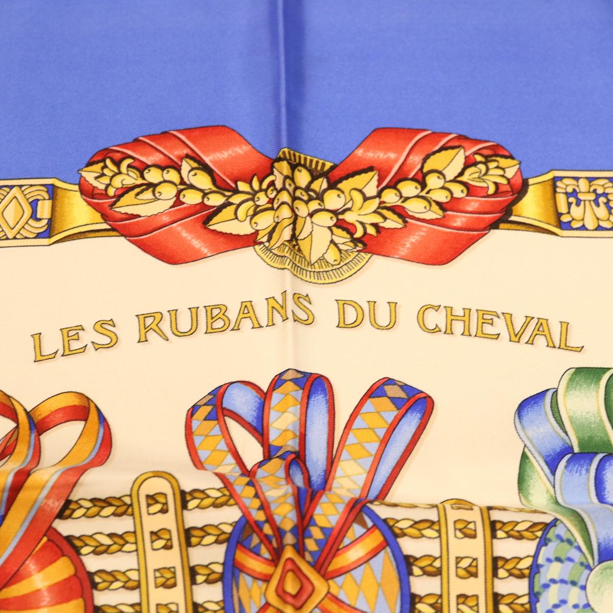 HERMES Carre 90 LES RUBANS DU CHEVAL Scarf Silk Blue Auth am3327