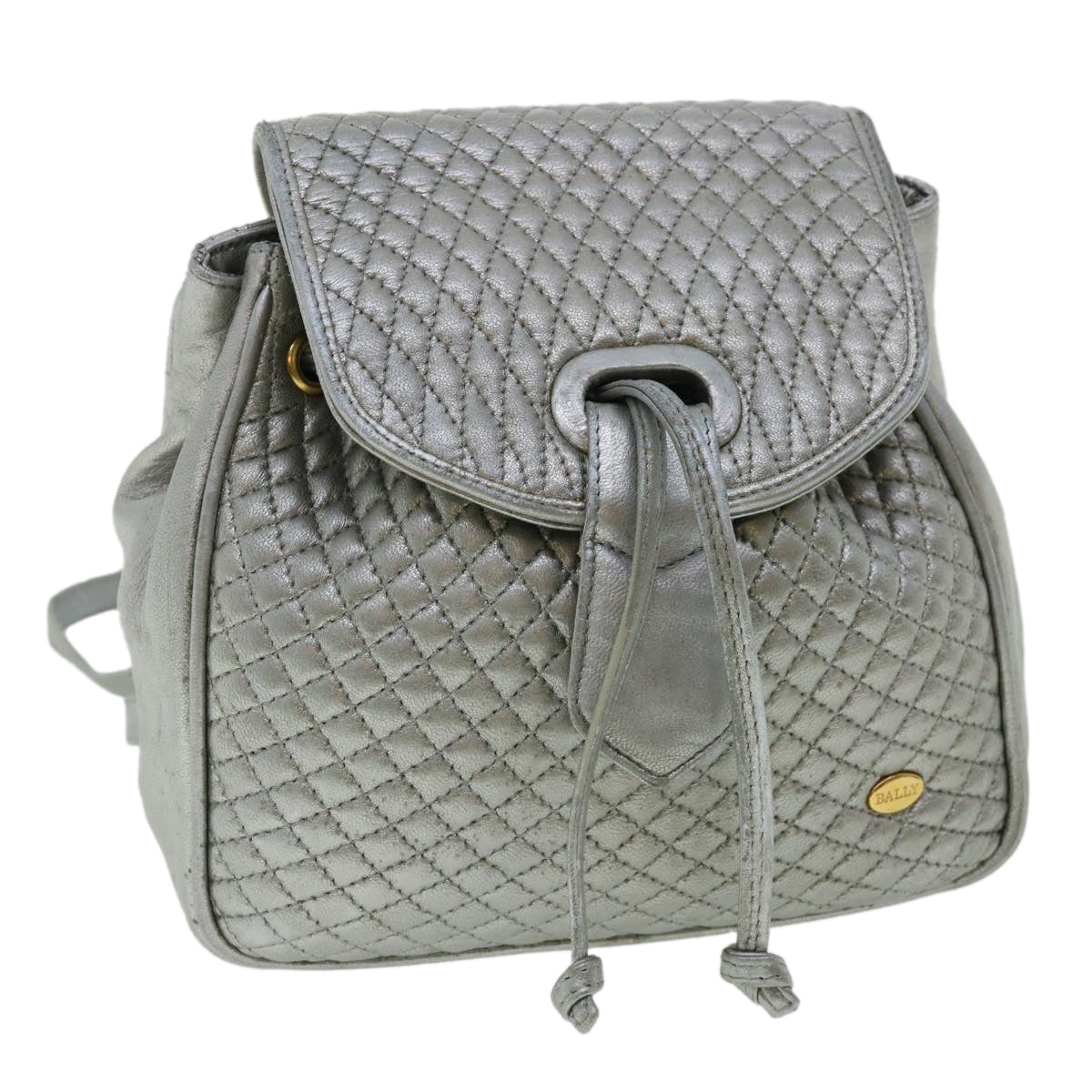 BALLY Matelasse Backpack Leather Silver Auth am3396