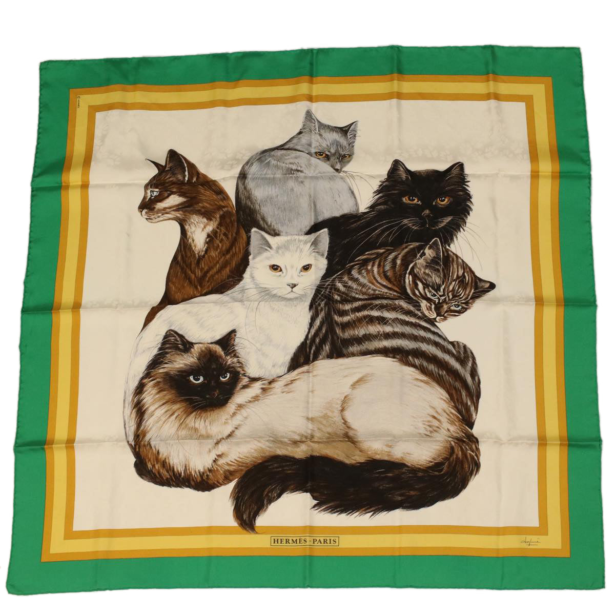 HERMES Carre 90 Les Chats Scarf Green White yellow Auth am3480