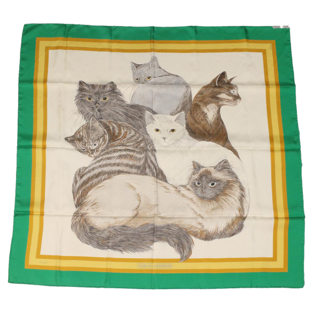 HERMES Carre 90 Les Chats Scarf Green White yellow Auth am3480