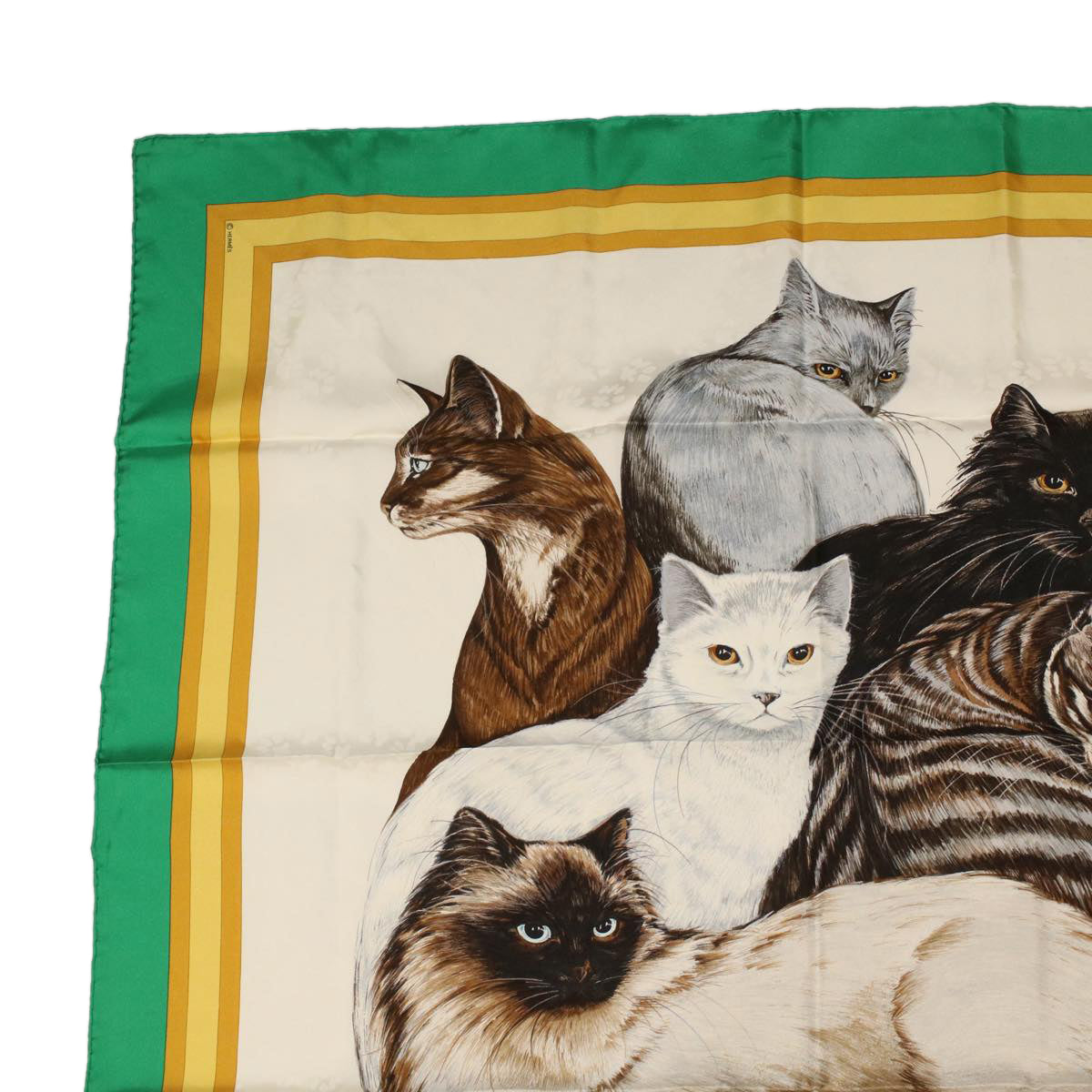 HERMES Carre 90 Les Chats Scarf Green White yellow Auth am3480