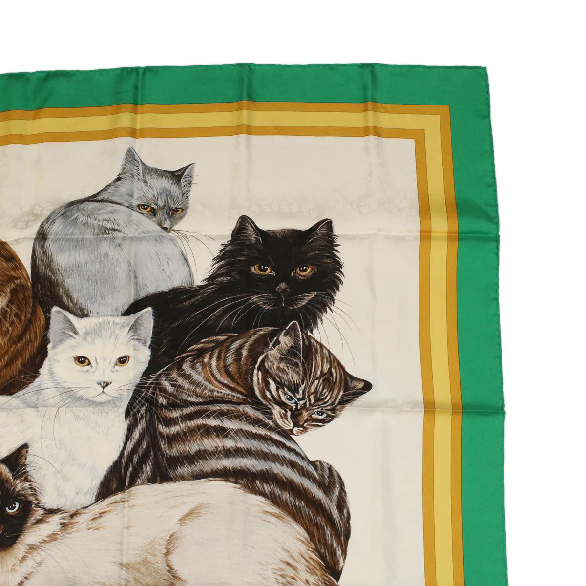 HERMES Carre 90 Les Chats Scarf Green White yellow Auth am3480