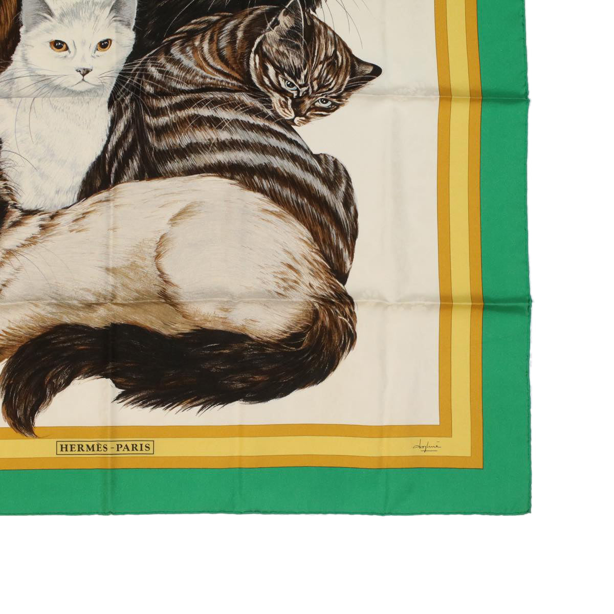 HERMES Carre 90 Les Chats Scarf Green White yellow Auth am3480