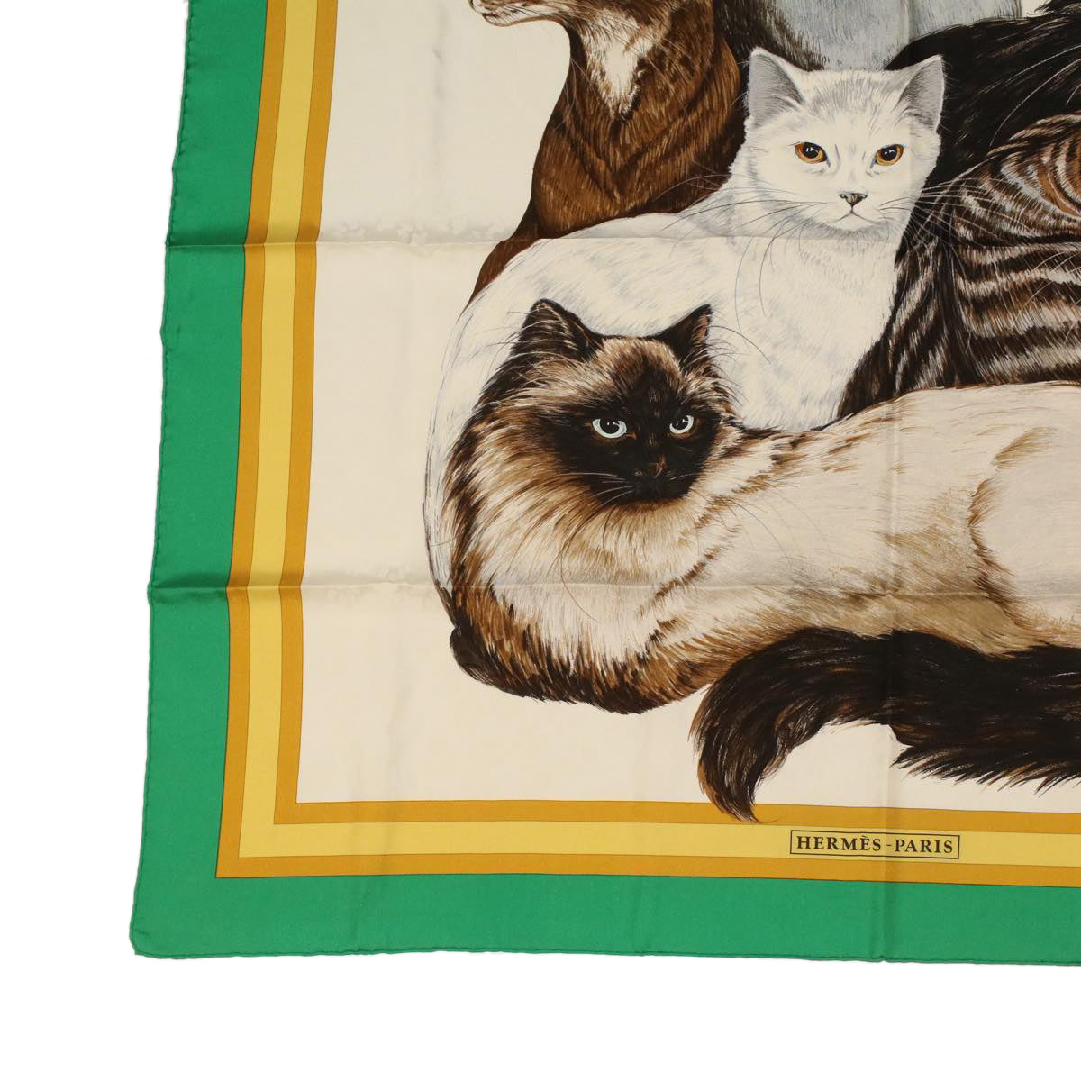 HERMES Carre 90 Les Chats Scarf Green White yellow Auth am3480