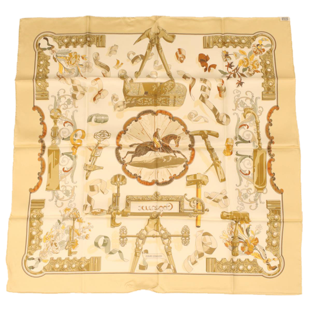 HERMES Carre 90 Copeaux Scarf Silk Brown White Auth am3559