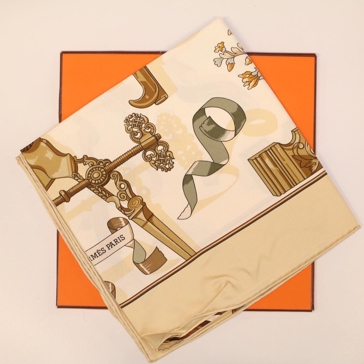 HERMES Carre 90 Copeaux Scarf Silk Brown White Auth am3559